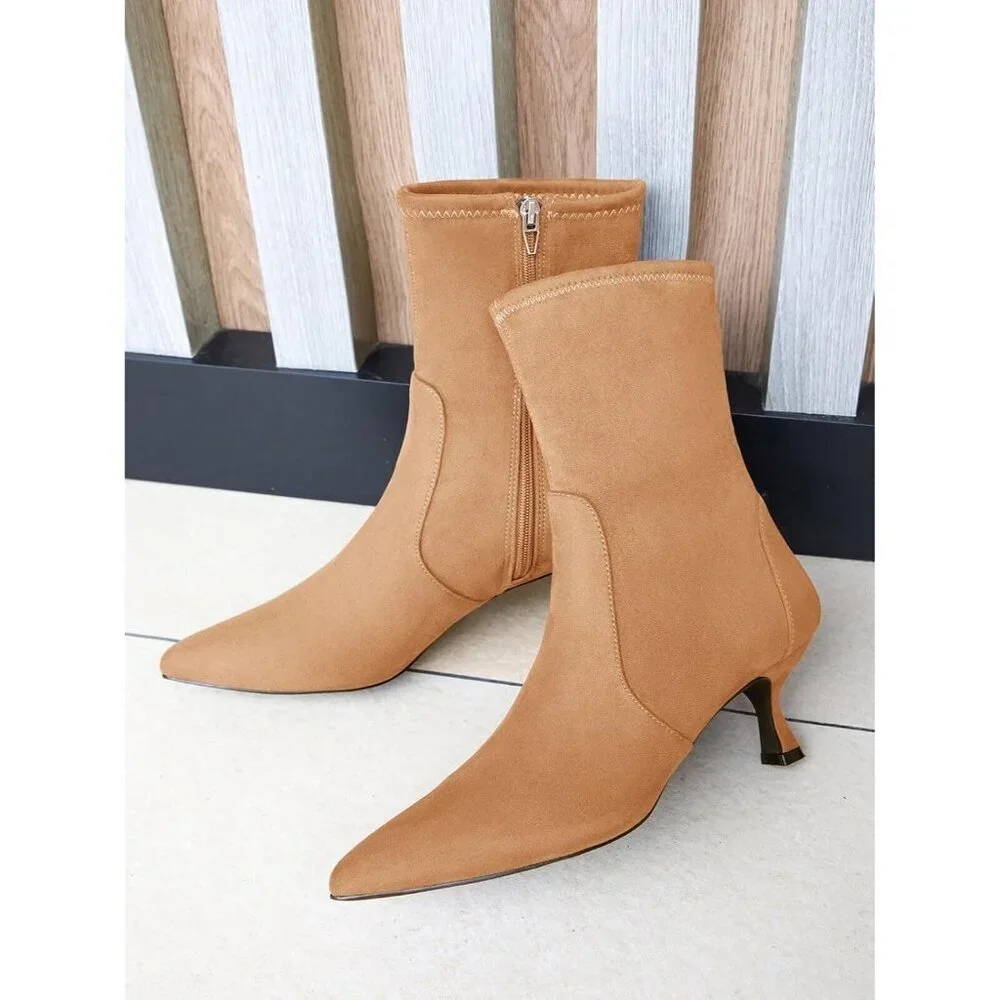 Women's Khaki Low Kitten Heel Ankle Shoes Pointed Toe Side Zipper Fall Boots